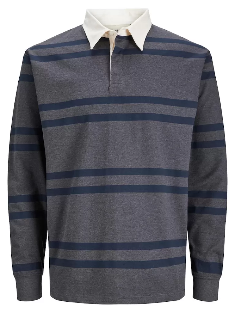 JACK&JONES HERITAGE LOOSE FIT LONG SLEEVE STRIPED POLO Dark Grey Melange-Men Polos